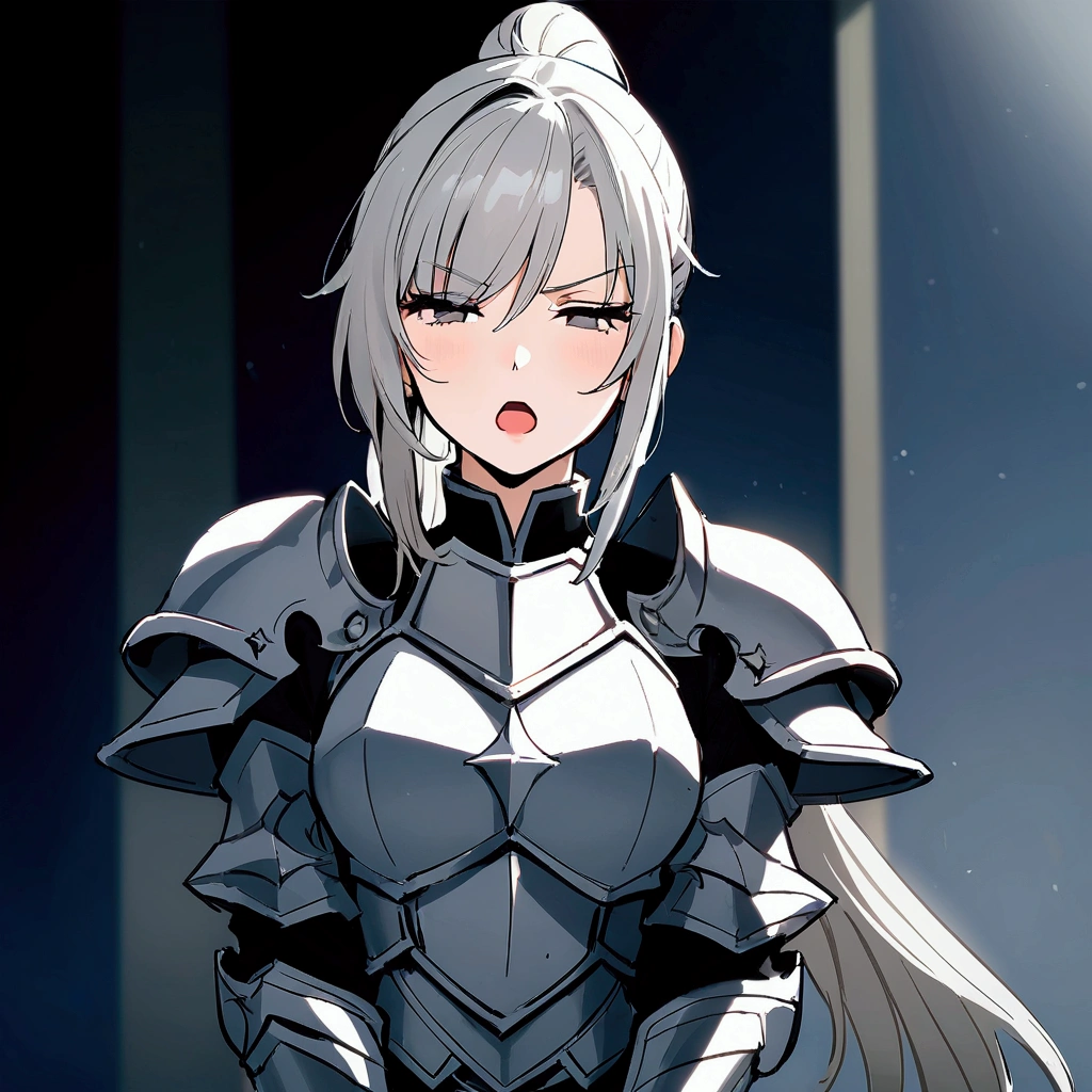 Beautiful girl knight in armor, Gray Hair, fantastic, Face your body forward like a certificate photo, shoot from front, Ponytail, Armor Girl, beautiful female knight, Female Paladin, upper body shot, drawing both arms, closed eyes