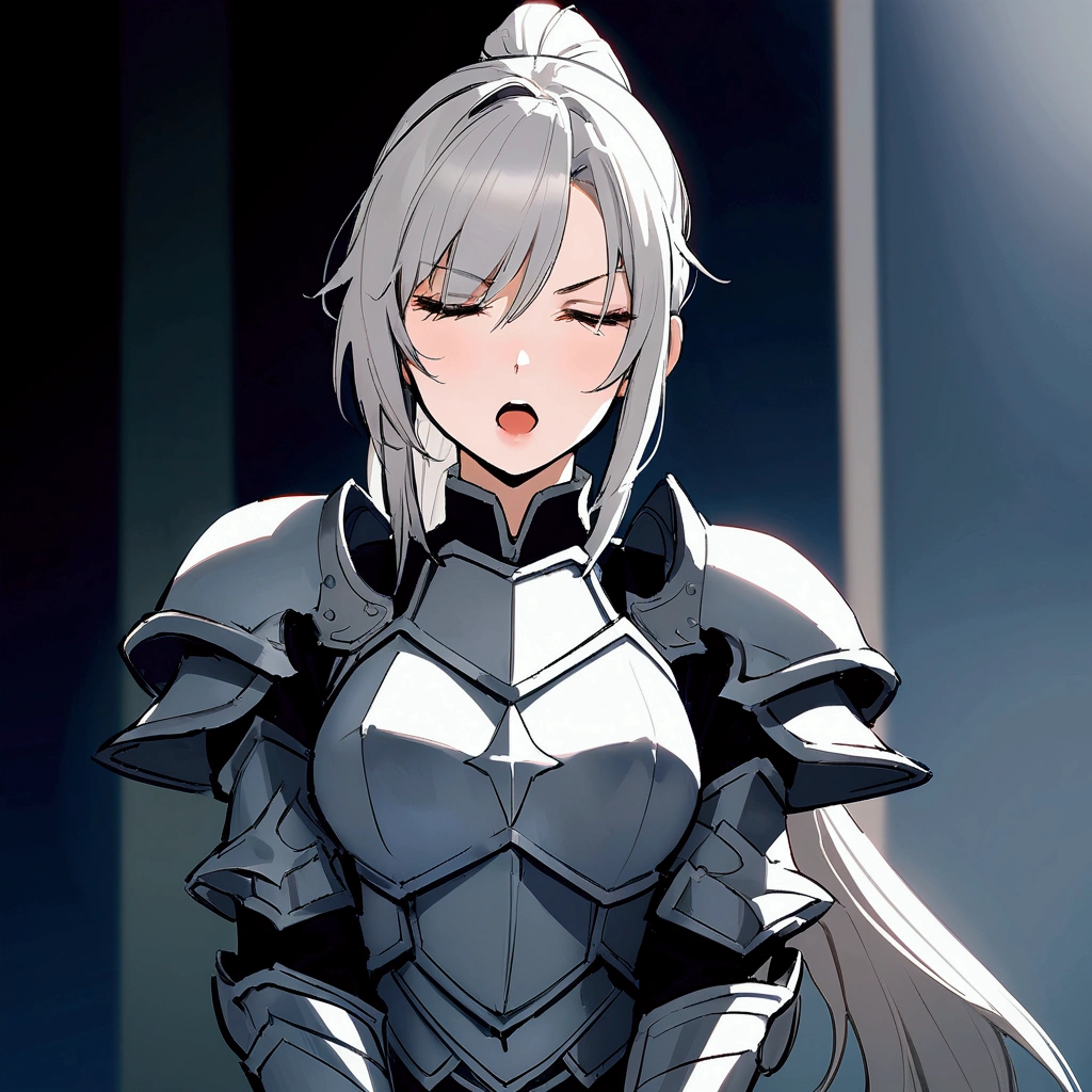 Beautiful girl knight in armor, Gray Hair, fantastic, Face your body forward like a certificate photo, shoot from front, Ponytail, Armor Girl, beautiful female knight, Female Paladin, upper body shot, drawing both arms, closed eyes