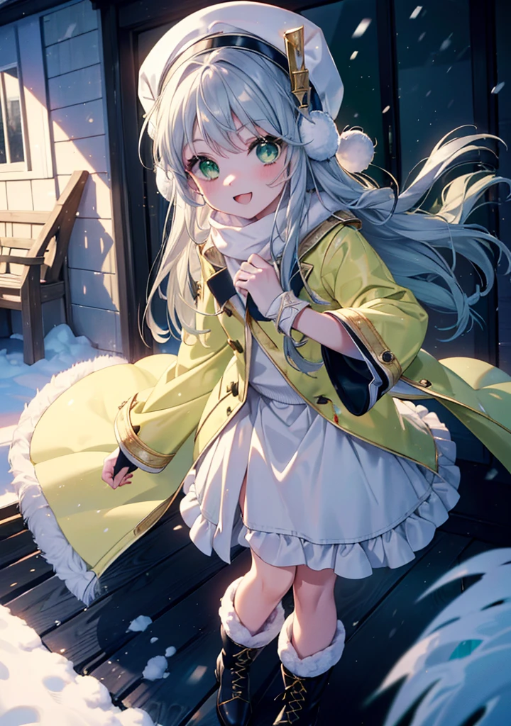 index, index, (Green Eyes:1.5), Silver Hair, Long Hair, (Flat Chest:1.2),happy smile, smile, Open your mouth,Knitted hat,Yellow long coat,White Tokkuri Sweater,Earmuffs,Red baggy gloves,White scarf,Black long skirt,Black pantyhose,short boots,Walking,Snow is piled up,It&#39;s snowing,Snow Scene,Shirogane World,night,moonlight,Let the world enter your illustrations,
break looking at viewer, whole body,
break outdoors, Snow Country,Residential Street,
break (masterpiece:1.2), Highest quality, High resolution, unity 8k wallpaper, (figure:0.8), (Beautiful attention to detail:1.6), Highly detailed face, Perfect lighting, Highly detailed CG, (Perfect hands, Perfect Anatomy),