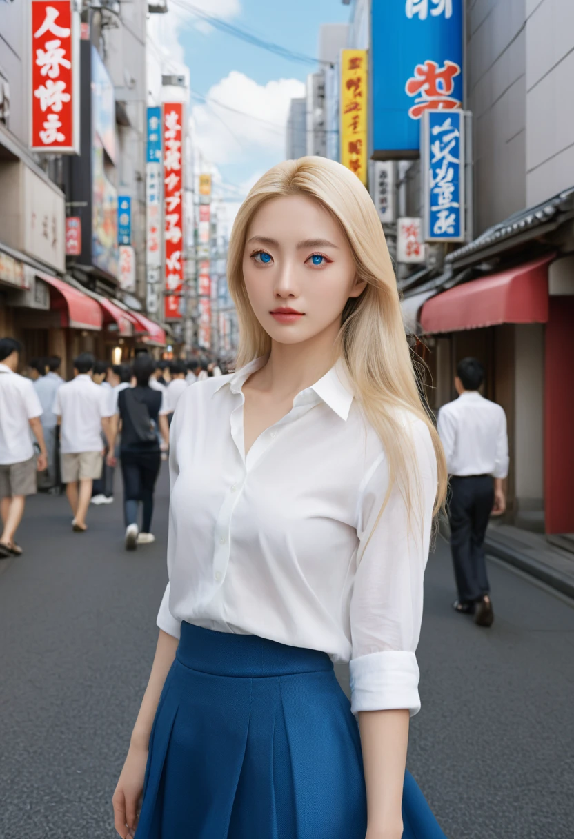 masterpiece, best quality, 8K, Photographic Reality, Practical, Octane Rendering, Bustling city streets in Japan (1 female: 1.4), (There is only one woman on the screen: 1.3), (White shirt), (Long blond hair), (Hip skirt), (blue eyes) Upper body display