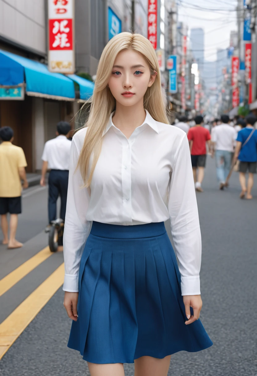 masterpiece, best quality, 8K, Photographic Reality, Practical, Octane Rendering, Bustling city streets in Japan (1 female: 1.4), (There is only one woman on the screen: 1.3), (White shirt), (Long blond hair), (Hip skirt), (blue eyes) Upper body display