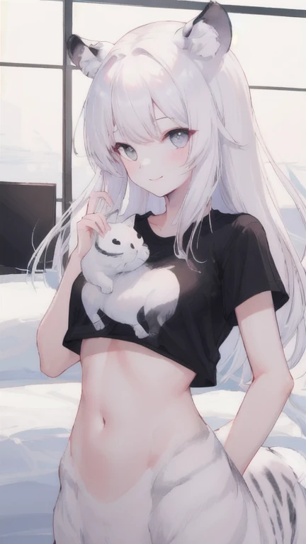 (best quality, masterpiece), 1 girl, centaur, It takes, White skin, Korean ,daughter, black pink,Smiling, exposing the abdomen, belly button t-shirt , 아름다운 소녀 perfect white tiger photo, perfect white tiger photo