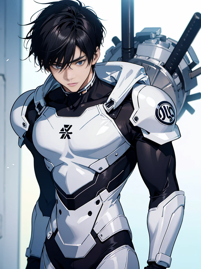 Japanese Male Model Cool 20 year old Short black hair slim and muscular intense Bright screen Close-up image Very tight white rubber suit Hero whole body, sexy