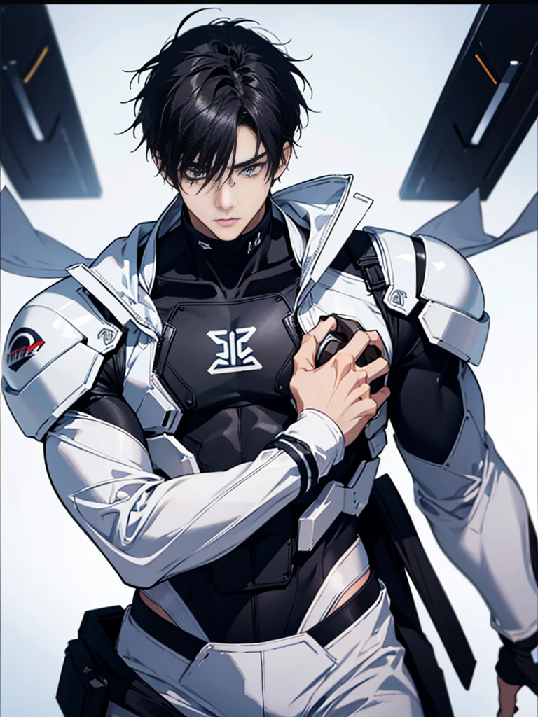 Japanese Male Model　Cool 20 year old　Short black hair　slim and muscular　intense　Bright screen　Close-up image　Very tight white rubber suit　Hero　whole body, sexy