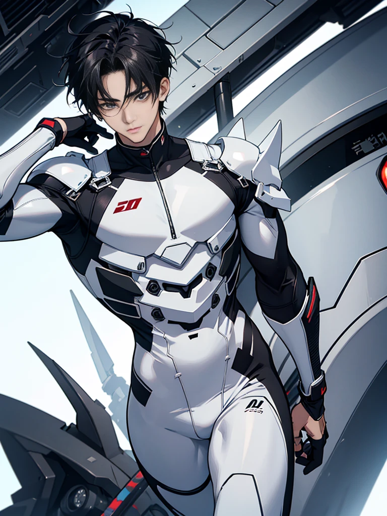 Japanese Male Model Cool 20 year old Short black hair slim and muscular intense Bright screen Close-up image Very tight white rubber suit Hero whole body, sexy