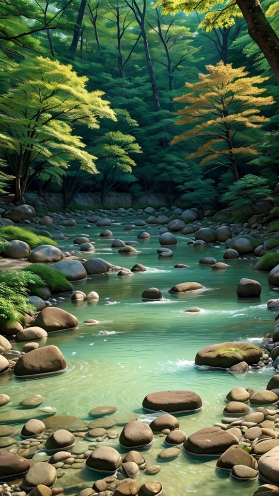 A clear river with sunlight filtering through the trees in Mino City, Gifu Prefecture. A view from the water surface in the riverbed in the forest above. I got close enough to see the stones. I squatted down a little more.