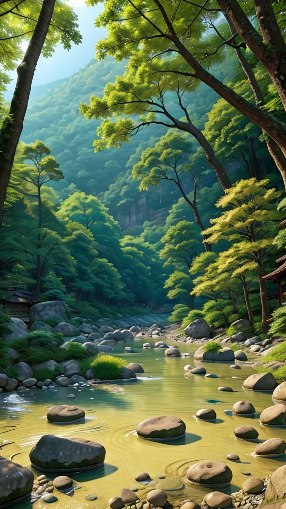 A clear river with sunlight filtering through the trees in Mino City, Gifu Prefecture. A view from the water surface in the riverbed in the forest above. I got close enough to see the stones. I squatted down a little more.