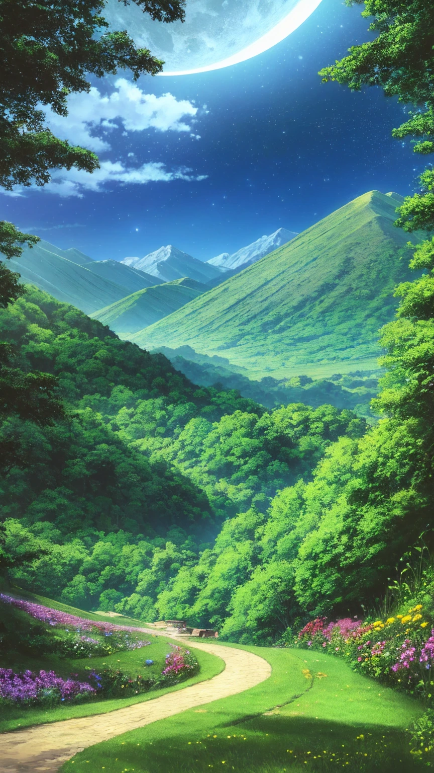 anime-style illustration, A serene landscape featuring a young woman standing on a path, overlooking terraced mountainous valley. The scene is depicted in a highly saturated and vibrant style, intense and rich colors vivid. The lush greenery, cascading hills, rendered with strong exaggerated colors that enhance the natural beauty. The sky above is clear blue sky with few clouds and distant mountain peaks. She is walking along a path illuminated by the moon and stars, creating a magical glow. The grassland is filled with glowing flowers, fireflies, and distant mountains under the night sky.