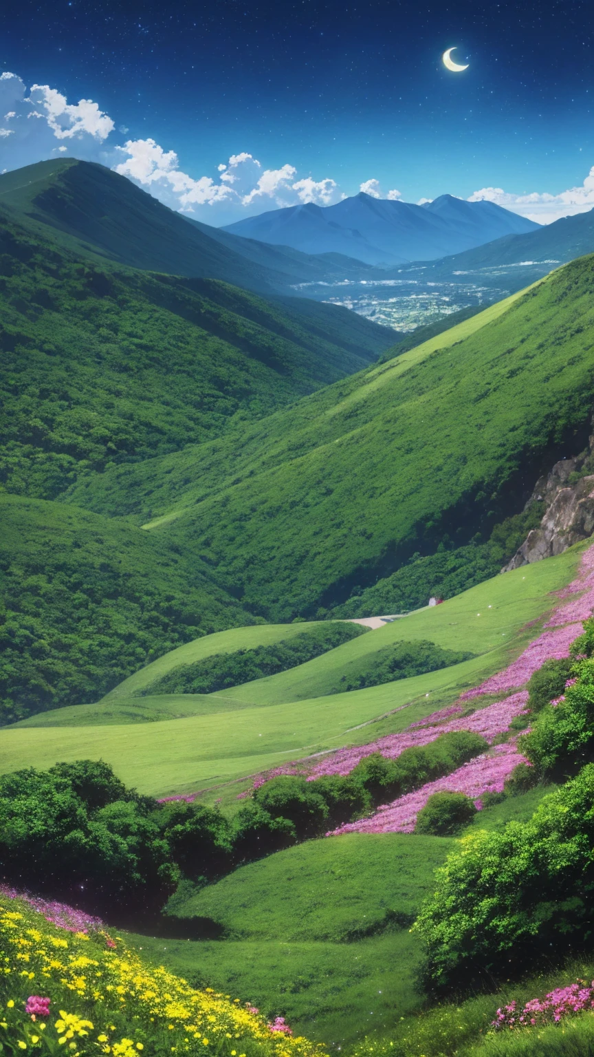 anime-style illustration, A serene landscape featuring a young woman standing on a path, overlooking terraced mountainous valley. The scene is depicted in a highly saturated and vibrant style, intense and rich colors vivid. The lush greenery, cascading hills, rendered with strong exaggerated colors that enhance the natural beauty. The sky above is clear blue sky with few clouds and distant mountain peaks. She is walking along a path illuminated by the moon and stars, creating a magical glow. The grassland is filled with glowing flowers, fireflies, and distant mountains under the night sky.
