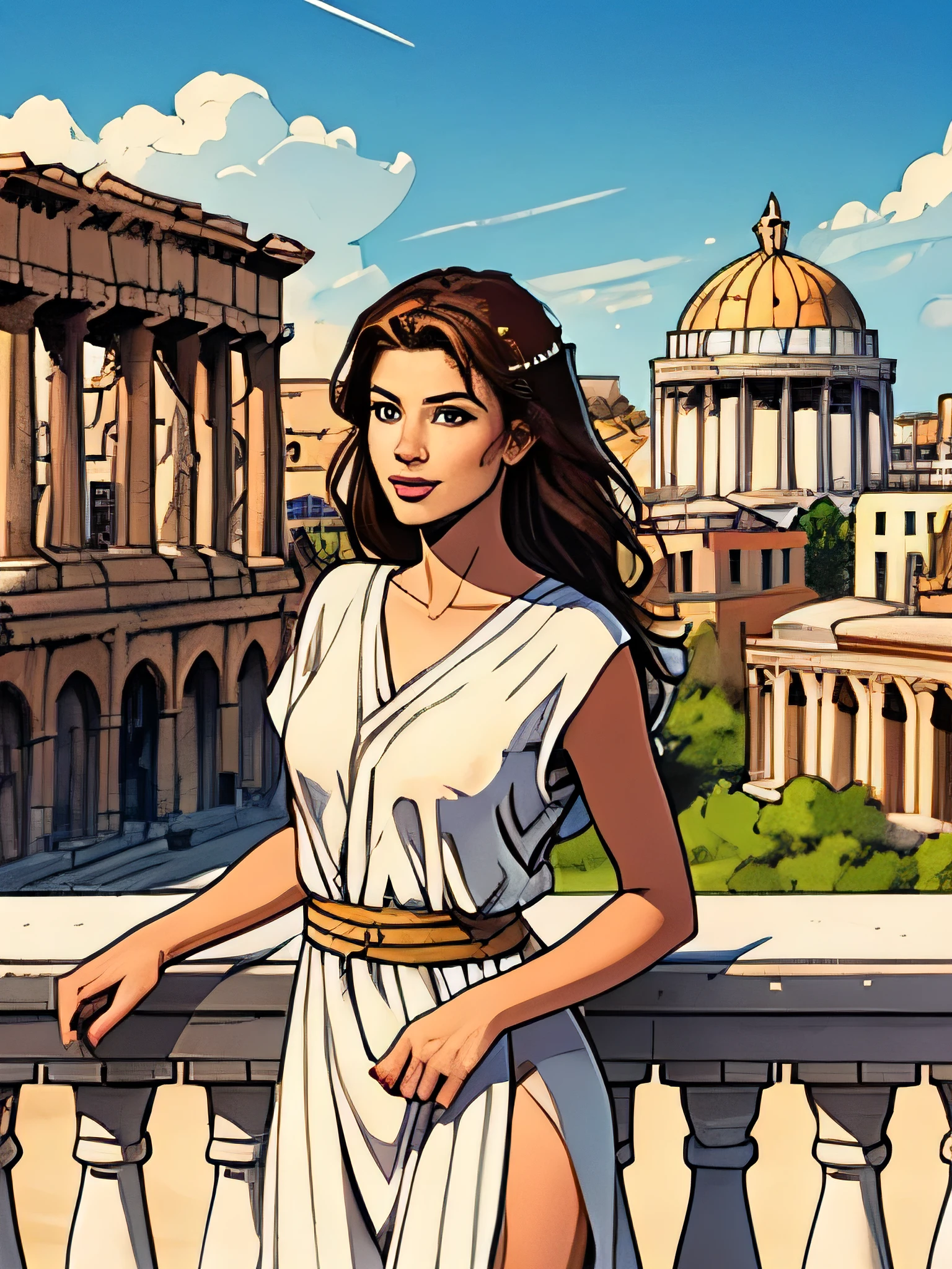 Woman with white skin and brown hair wearing a Greek but very modern white tunic on a balcony and in the background a giant distant empire. A large palace with classical architecture in the background, many white roman imperial buildings background.