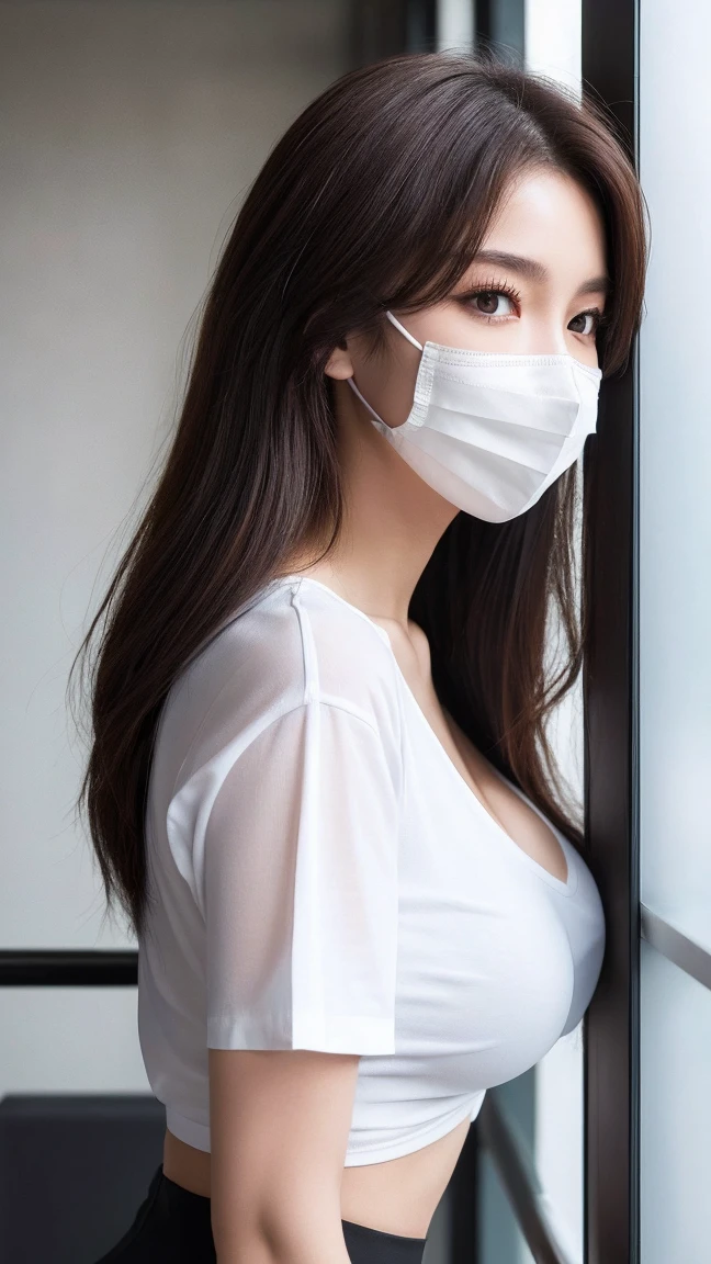 ((Highest quality, 8K, masterpiece :1.3)), whole body, Sharp focus :1.2, Beautiful woman with perfect figure :1.4, Slim Abs :1.2, ((Dark brown hair, Big Breasts :1.2)), Body Dress :1.1, (Night city view, Modern balcony :1.1), Highly detailed face and skin texture, Fine grain, double eyelid, Small Bust, OL Uniform, office Wear, White T-shirt, Exposed cleavage, (Black Pantyhose), (No pants), Indoor scene, office、Black Mask、My chest is visible