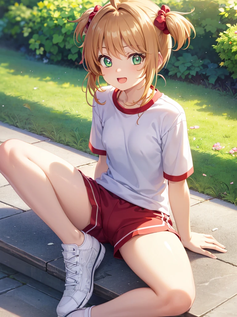 (masterpiece:1.2), best quality, high resolution, unity 8k wallpaper, (illustration:0.8), (beautiful detailed eyes:1.6), extremely detailed face, perfect lighting, extremely detailed CG, (kinomoto sakura, green eyes, smile, two side up, short stature, small breast, solo,), sitting, spread legs, no bra, show off nipple, nipple, gym clothes, high-leg bloomers, very torn clothes, open-breast clothes, vagina, gleaming skin, moist skin, embarrassed, open mouth, noon, gym, front view, looking at viewer, troubled face,