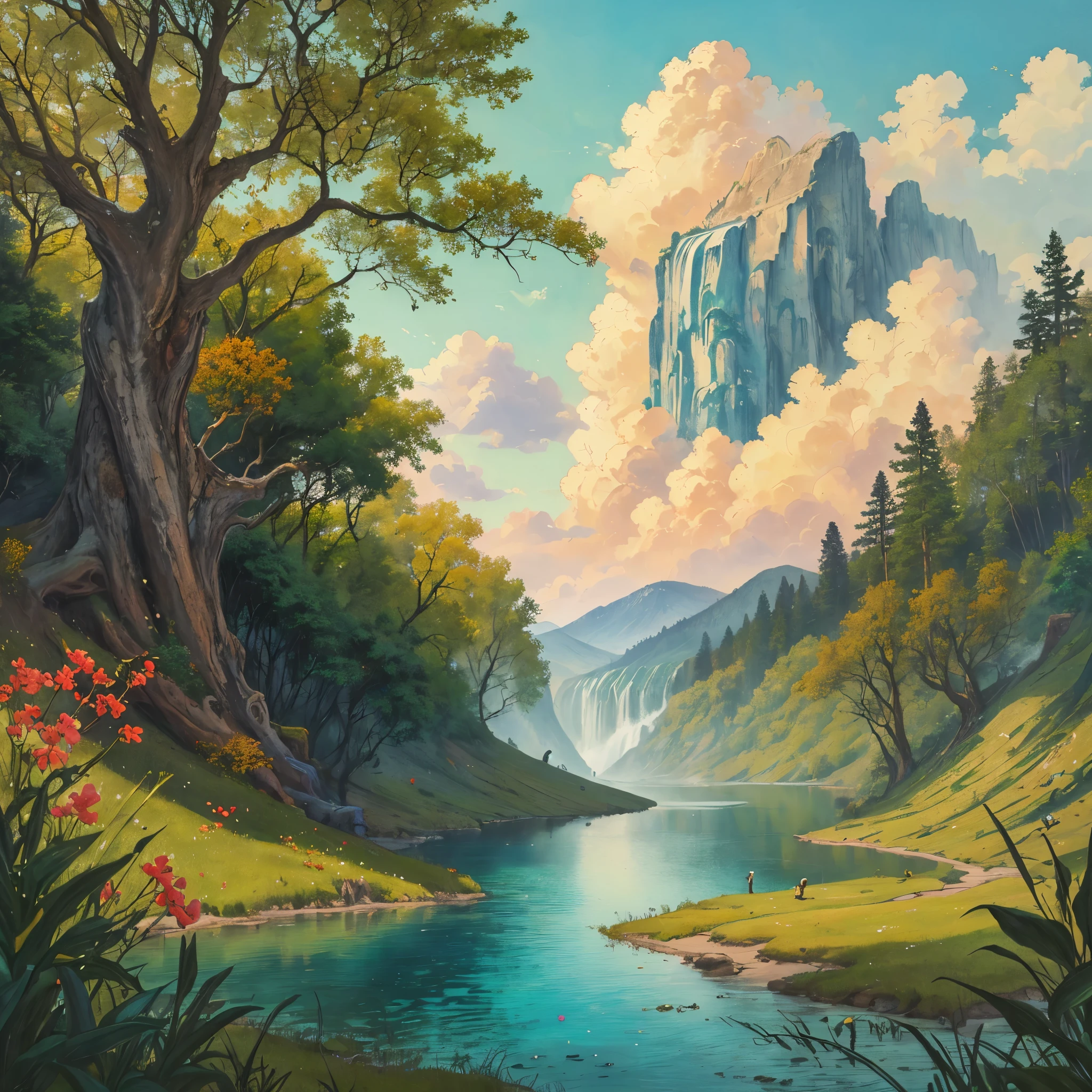 highres,absurdres,Highly detailed,ultra-fine painting,celluloid,fantasyArt,cinematic_lighting,waterfall,lake,spring,forest,chinese_style_loft,(masterpiece,high quality,best quality:1.3),sun,sky,nature,river,outdoors,cirrus,Cirrocumulus,stratus,road,flower,animals,