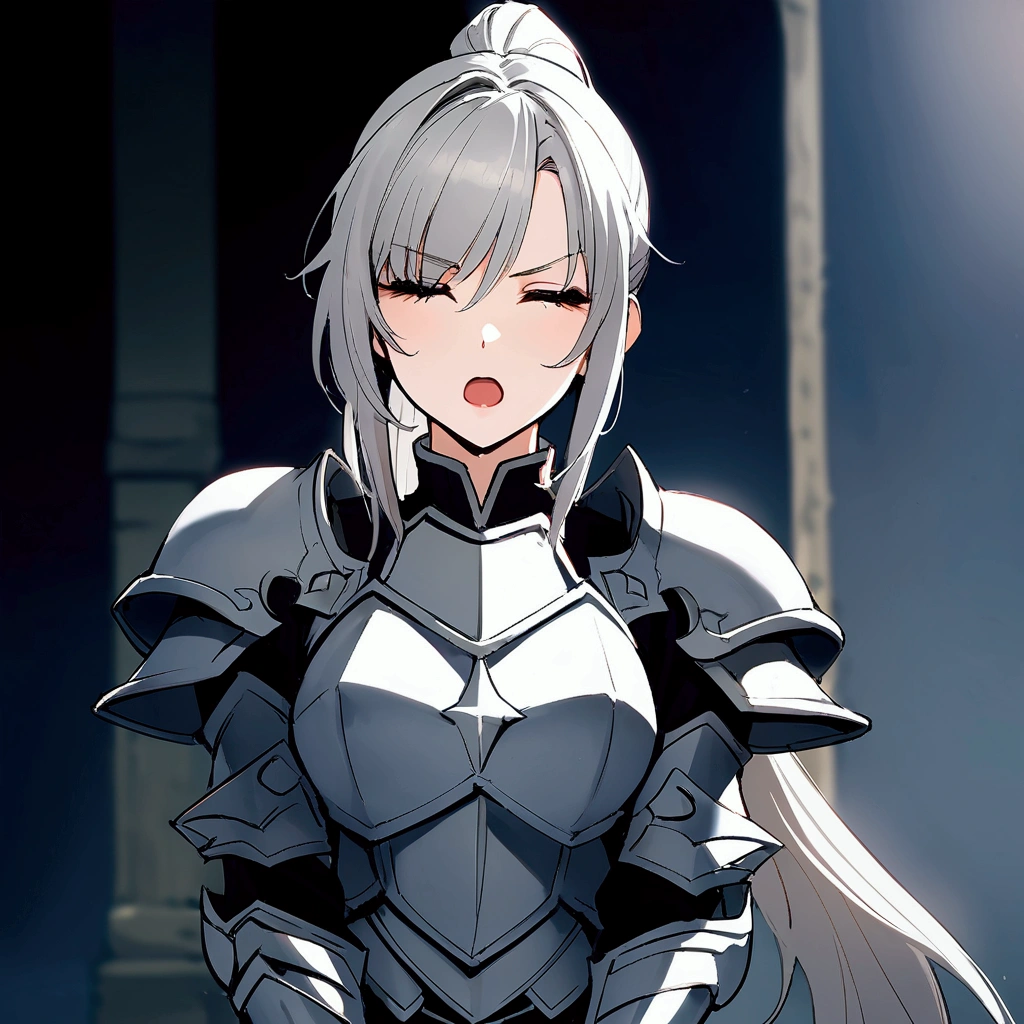 Beautiful girl knight in armor, Gray Hair, fantastic, Face your body forward like a certificate photo, shoot from front, Ponytail, Armor Girl, beautiful female knight, Female Paladin, upper body shot, drawing both arms, closed eyes