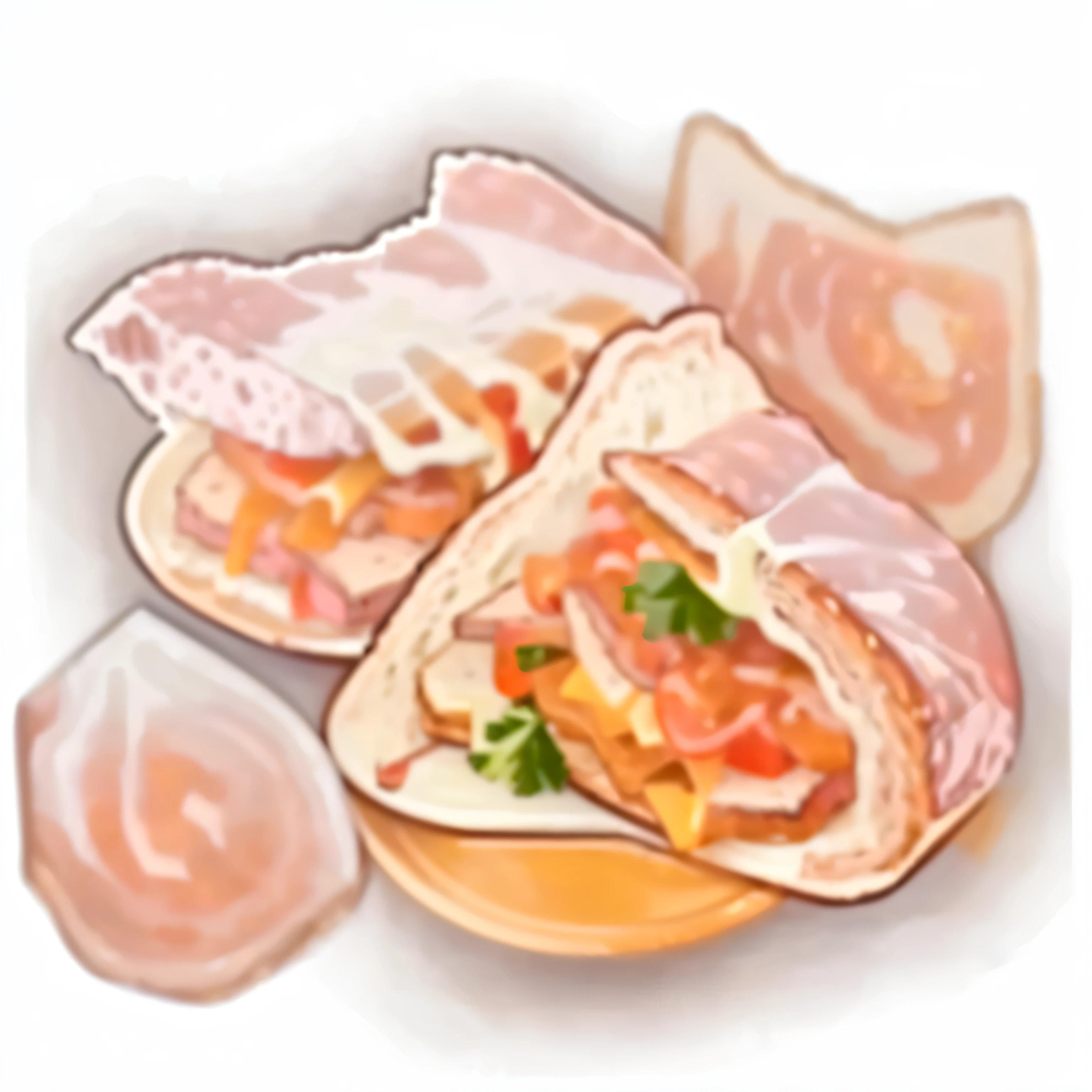 Sandwiches with meat and vegetables on a plate close up, ( surreal, Sauce, ( surreal ), [ [ surreal主义 ] ], [ Fragments, chicken, abalone, High Detail), ❤🔥🍄🌪, The texture of the meat, ready to eat, screensaver, Granular, Guande, X