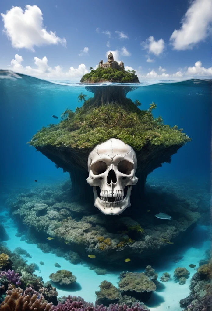 (((from below)))an island in the middle of the sea in the shape of a skull, some of which are under the sea