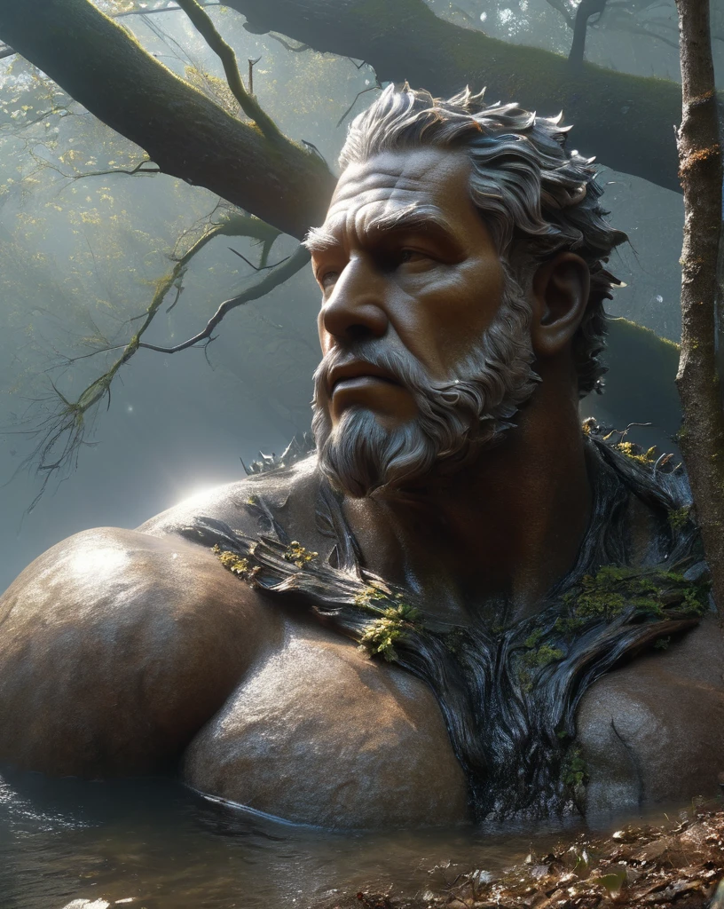 from above, bokeh, UHD, masterpiece, high details, high quality, award winning, best quality, highres, 16k，
(Looking up angle），Big Dumb Object，（Portrait of huge handsome man head sculpture collapsed in water：1.3），Great Wilderness，Dense fog，old，Dead branches，Art style of Philip Hodaatte of the human soul, realism ，BDO works by American digital artist Stuart Lippincott，Use advanced tones and shading，Creates a dazzling and mysterious light，The deep spatial pattern and mysterious atmosphere,Create a sci-fi mechanical god realm,Highlighting the insignificance of human beings，and fear of the unknown，minimalist art，fantasy，Surrealism，