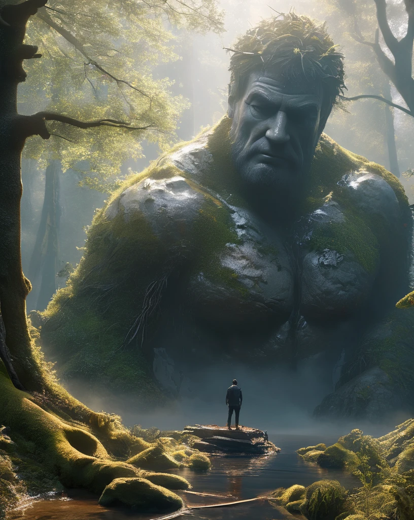 from above, bokeh, UHD, masterpiece, high details, high quality, award winning, best quality, highres, 16k,
(Looking up angle),Big Dumb Object,(Portrait of huge handsome man head sculpture collapsed in water:1.3),Great Wilderness,Dense fog,old,Dead branches,Art style of Philip Hodaatte of the human soul, realism ,BDO works by American digital artist Stuart Lippincott,Use advanced tones and shading,Creates a dazzling and mysterious light,The deep spatial pattern and mysterious atmosphere,Create a sci-fi mechanical god realm,Highlighting the insignificance of human beings,and fear of the unknown,minimalist art,fantasy,Surrealism,