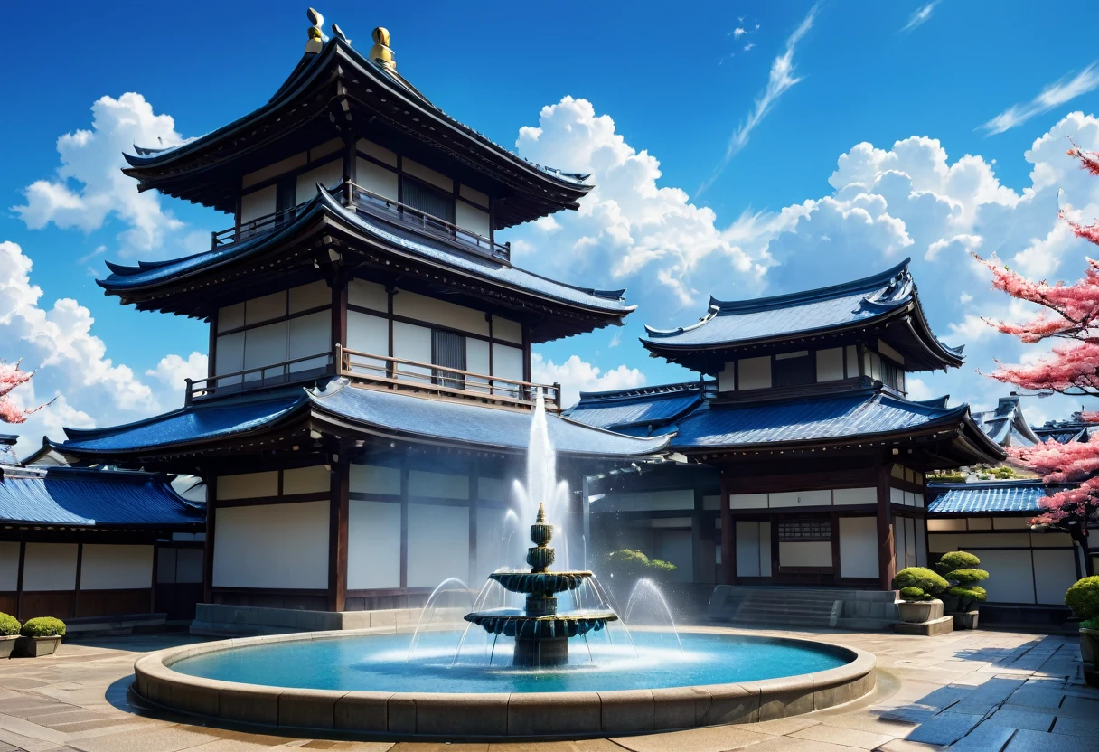 blue sky, blue lighting, japanese building, fountain, small cloud, day time, HDR, 4k resolution, (painting realistic : 1.3), (ultra high resolution: 1.0 ), (((best quality, 8 thousand, masterpiece:1.4))