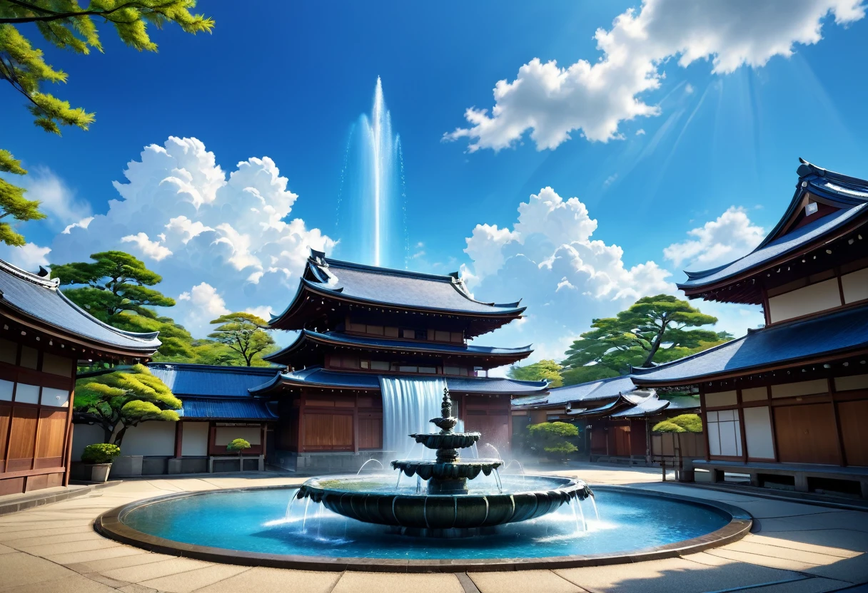 blue sky, blue lighting, japanese building, fountain, small cloud, day time, HDR, 4k resolution, (painting realistic : 1.3), (ultra high resolution: 1.0 ), (((best quality, 8 thousand, masterpiece:1.4))