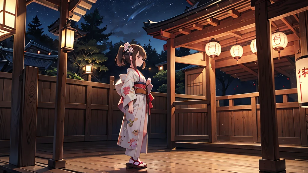 masterpiece, 13 year old girl, short brown hair, profile, yukata, whole body, geta, wooden clogs, from head to foot, Japanese festival, shrine, paper lantern, night