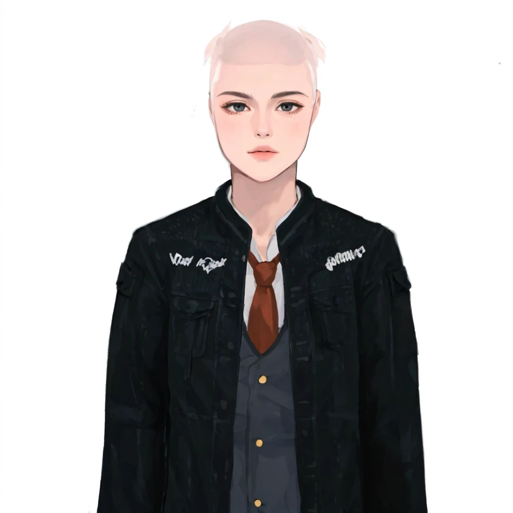 (masterpiece:1.2, best quality), (1girl, solo, upper body:1.2),flat face,Hair: buzz cut, Clothing: oversized, distressed denim jacket with patches and pins, paired with black skinny jeans and combat boots, Hanging out in an underground music venue or street art exhibit