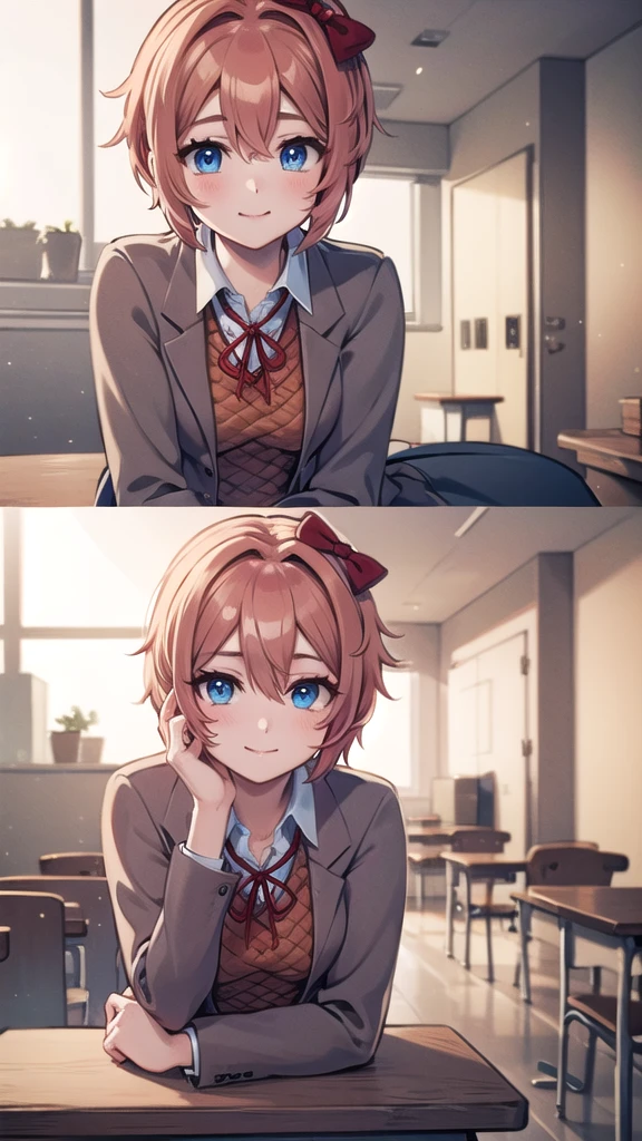ddlcsayori, ddlcsayori, blue eyes, hair between eyes, hair bow, hair ornament, pink hair, red bow, short hair, (small breast:1.2),
BREAK blue skirt, pleated skirt, , skirt, brown jacket, jacket,
BREAK looking and smiling at viewer,
BREAK indoors, classroom,
BREAK (masterpiece:1.2), best quality, high resolution, unity 8k wallpaper, (illustration:0.8), (beautiful detailed eyes:1.6), extremely detailed face, perfect lighting, extremely detailed CG, (perfect hands, perfect anatomy),