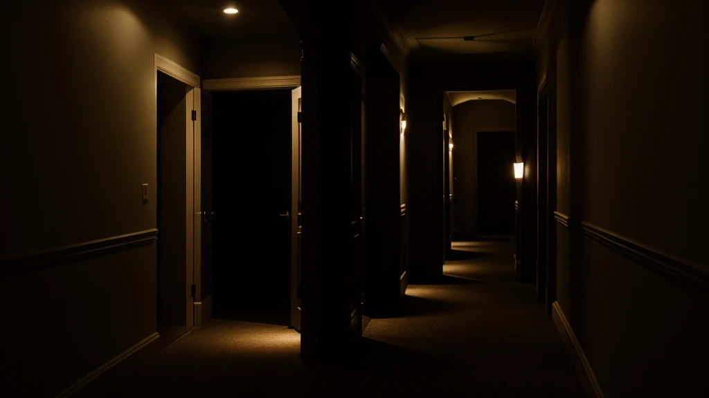 A dark, narrow hallway, dimly lit by a flashlight.
