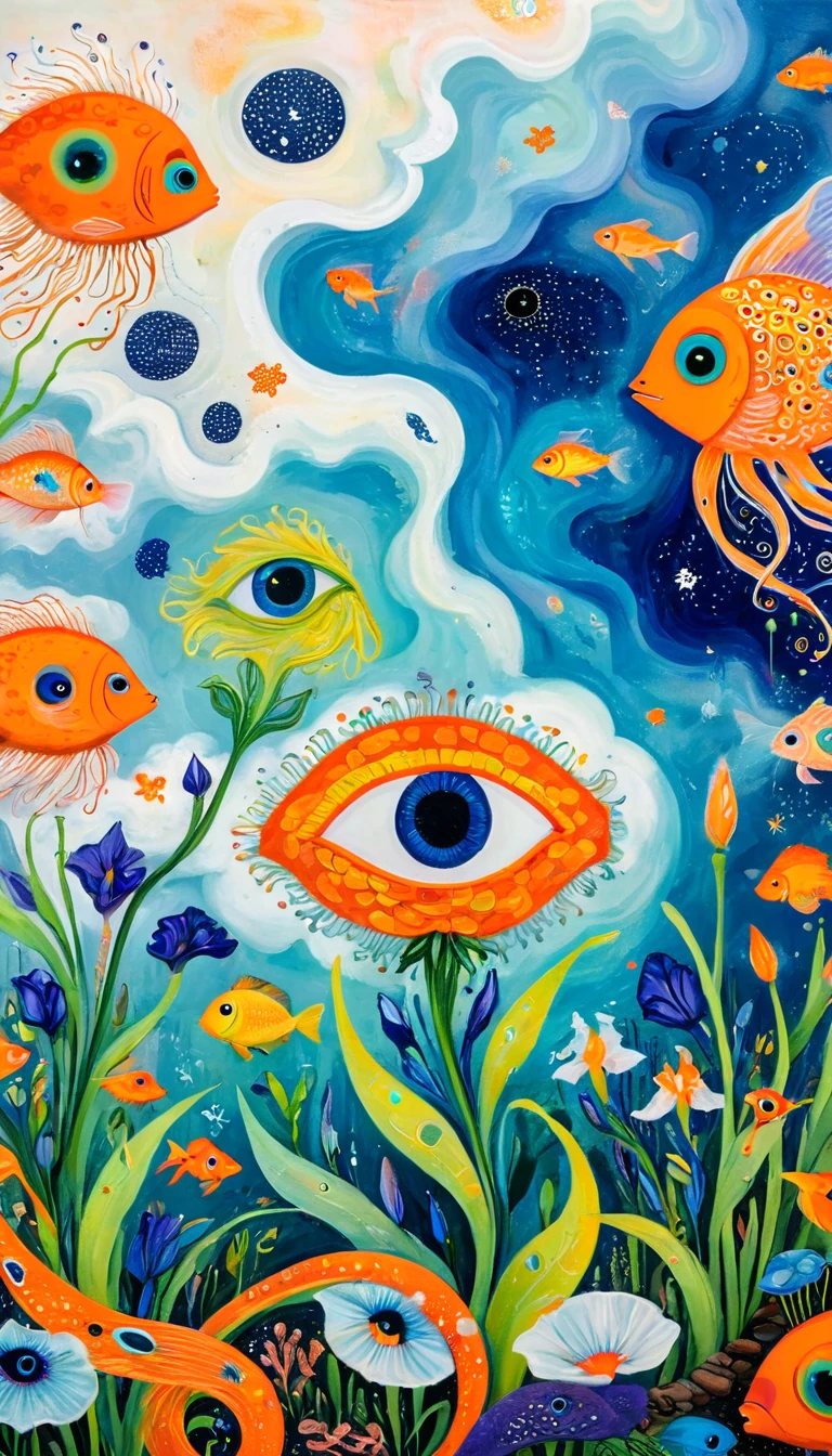 Children's graffiti,Thick coating,Concave and convex texture,Oil pastel strokes:A cloud,、iris、fish、Tentacles、bird、Eye、diatom,Abstract mosaic painting,Describing the inner world of autistic people,Sense of space,White Space,interesting,Innocence,Psychedelic Art,Orange overall