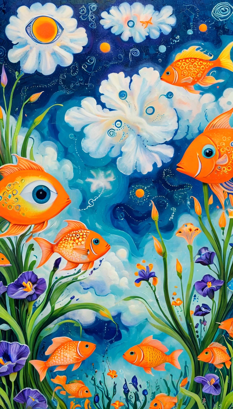 Children's graffiti,Thick coating，Concave and convex texture，Oil pastel strokes：A cloud，、iris、fish、Tentacles、bird、Eye、diatom，Abstract mosaic painting，Describing the inner world of autistic people，Sense of space，White Space，interesting，Innocence，Psychedelic Art，Orange overall