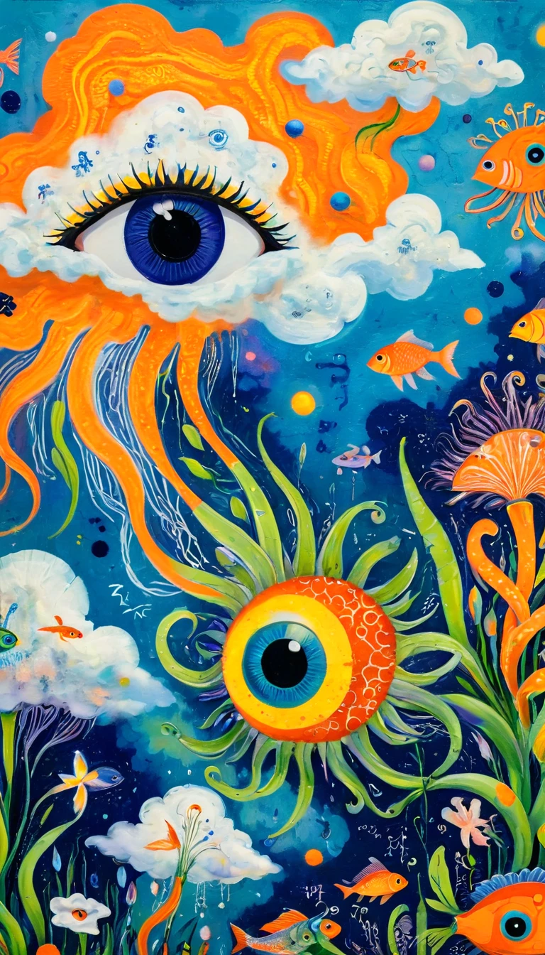 Children's graffiti,Thick coating,Concave and convex texture,Oil pastel strokes:A cloud,、iris、fish、Tentacles、bird、Eye、diatom,Abstract mosaic painting,Describing the inner world of autistic people,Sense of space,White Space,interesting,Innocence,Psychedelic Art,Orange overall