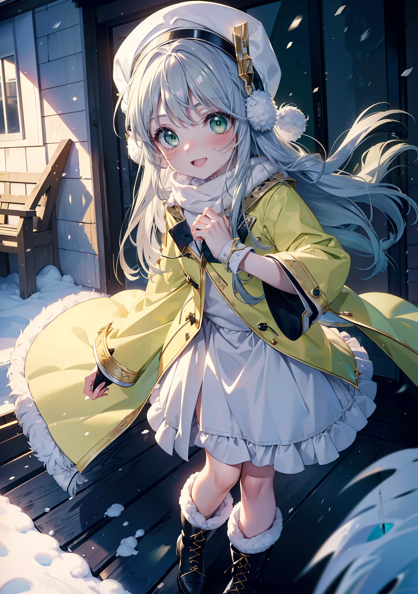 index, index, (Green Eyes:1.5), Silver Hair, Long Hair, (Flat Chest:1.2),happy smile, smile, Open your mouth,Knitted hat,Yellow long coat,White Tokkuri Sweater,Earmuffs,Red baggy gloves,White scarf,Black long skirt,Black pantyhose,short boots,Walking,Snow is piled up,It&#39;s snowing,Snow Scene,Shirogane World,night,moonlight,Let the world enter your illustrations,
break looking at viewer, whole body,
break outdoors, Snow Country,Residential Street,
break (masterpiece:1.2), Highest quality, High resolution, unity 8k wallpaper, (figure:0.8), (Beautiful attention to detail:1.6), Highly detailed face, Perfect lighting, Highly detailed CG, (Perfect hands, Perfect Anatomy),