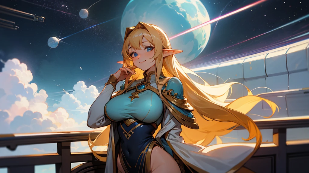 Anime Style,A detailed background with many people,Space Colony,People on the balcony,Smiling Bard Elf,Mature Woman,Large Breasts,Protruding buttocks