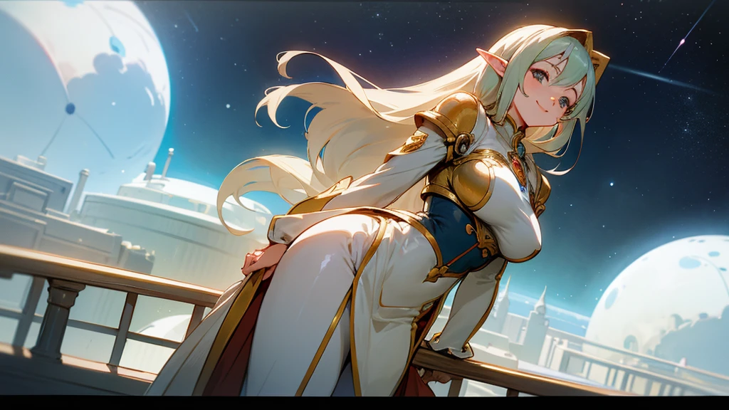 Anime Style,A detailed background with many people,Space Colony,People on the balcony,Smiling Bard Elf,Mature Woman,Large Breasts,Protruding buttocks