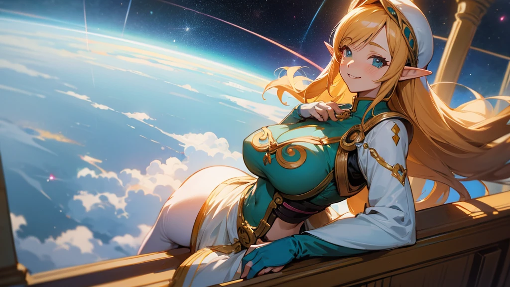 Anime Style,A detailed background with many people,Space Colony,People on the balcony,Smiling Bard Elf,Mature Woman,Large Breasts,Protruding buttocks