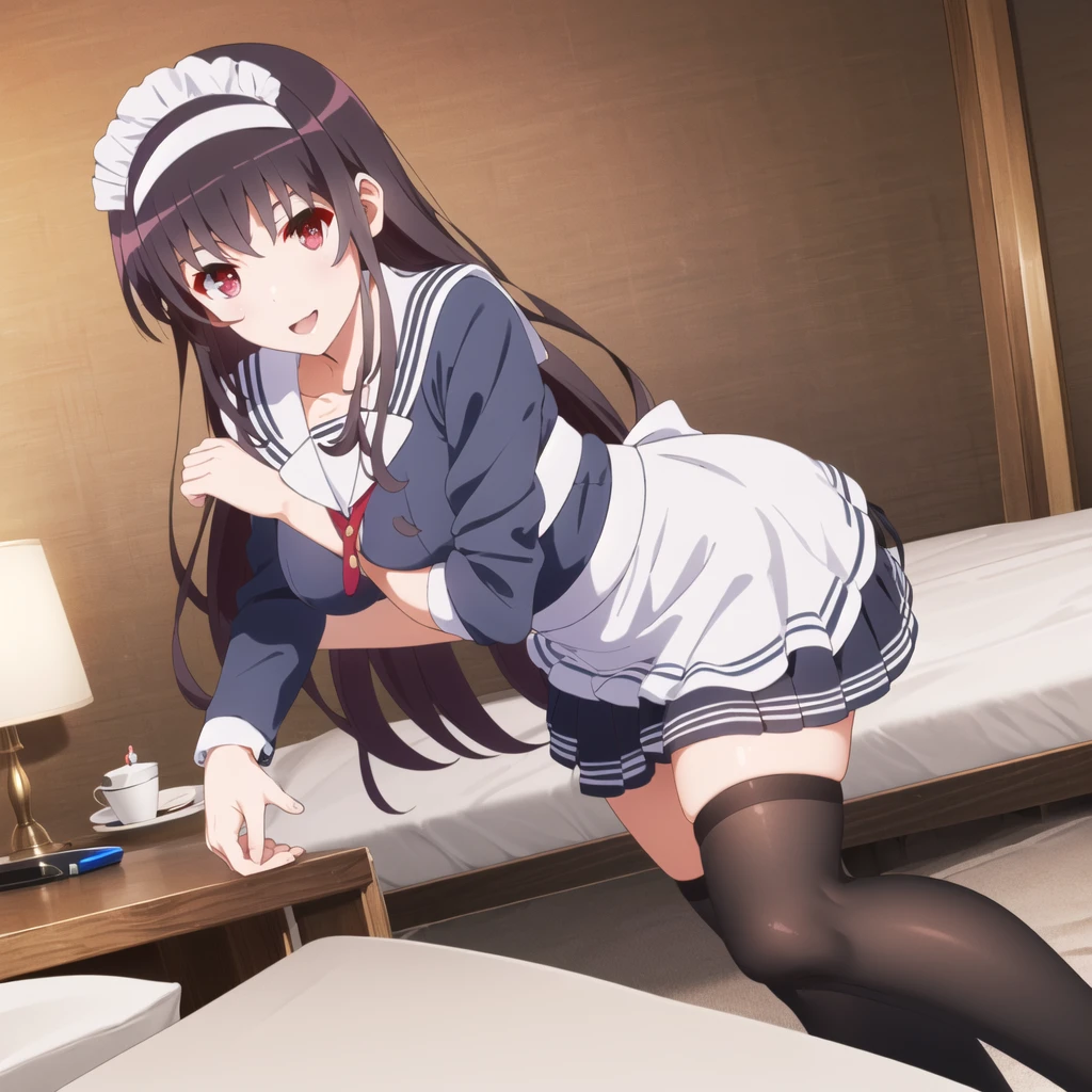 (((Tabletop, Highest quality, High resolution, Pixel perfect, Depth of written boundary, 4K, Pixel Perfect, Perfect in every detail,nsfw,,clothes lift,beautiful red eyes,large breasts,light smile,dpubic hair,alon,solo focus,clothes lift,1 girl,black thigh-high socks))((((bed room,maid)))),masterpiece, highest quality, High resolution, morning, Long Hair, Black Hair, hair band, , Sailor collar, Blue Blazer, Long sleeve, Pleated skirt, Blue Skirt, Black Pantyhose, standing, smile, Open your mouth, 