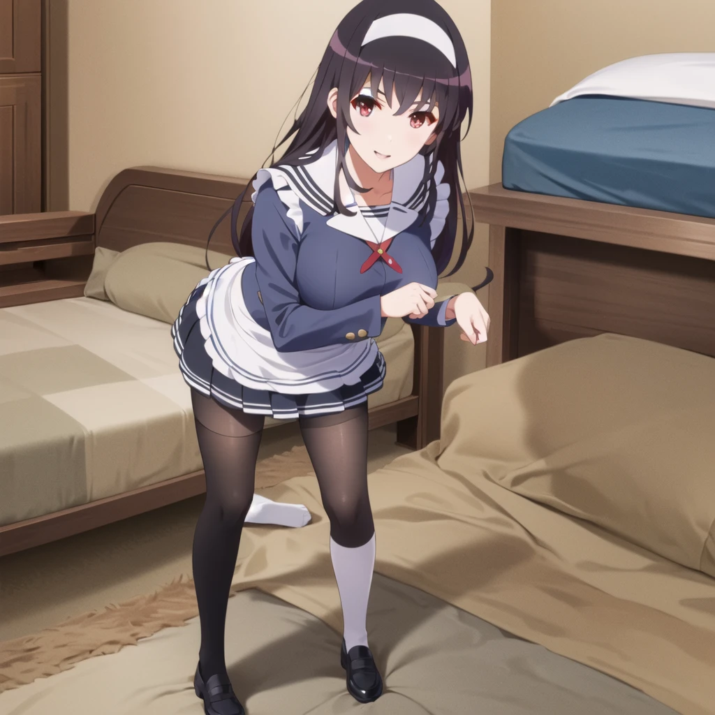 (((Tabletop, Highest quality, High resolution, Pixel perfect, Depth of written boundary, 4K, Pixel Perfect, Perfect in every detail,nsfw,,clothes lift,beautiful red eyes,large breasts,light smile,dpubic hair,alon,solo focus,clothes lift,1 girl,black thigh-high socks))((((bed room,maid)))),masterpiece, highest quality, High resolution, morning, Long Hair, Black Hair, hair band, , Sailor collar, Blue Blazer, Long sleeve, Pleated skirt, Blue Skirt, Black Pantyhose, standing, smile, Open your mouth, 