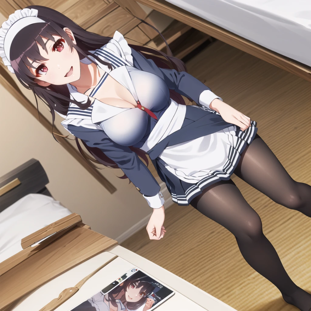 (((Tabletop, Highest quality, High resolution, Pixel perfect, Depth of written boundary, 4K, Pixel Perfect, Perfect in every detail,nsfw,,clothes lift,beautiful red eyes,large breasts,light smile,dpubic hair,alon,solo focus,clothes lift,1 girl,black thigh-high socks))((((bed room,maid)))),masterpiece, highest quality, High resolution, morning, Long Hair, Black Hair, hair band, , Sailor collar, Blue Blazer, Long sleeve, Pleated skirt, Blue Skirt, Black Pantyhose, standing, smile, Open your mouth, 