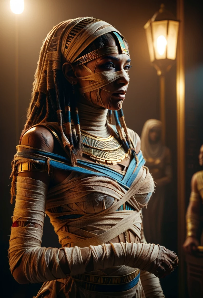 hyper detailed masterpiece, dynamic, awesome quality, mummy, preserved reanimated undead cursed being, a portrait of the most beautiful girl ancient egyptian dangerous witch, beautiful bandages wrapping her body, tight and tattered clothes, scary, bloody and violent movie the mummy, high quality, 4k, cinematic, dramatic lighting, the face of the pharaoh, intricate details, detailed and complex, beautiful and sophisticated, intense and maximalist, impressive and excellent, extremely detailed, realistic, high and complex details, very realistic, dramatic and intense