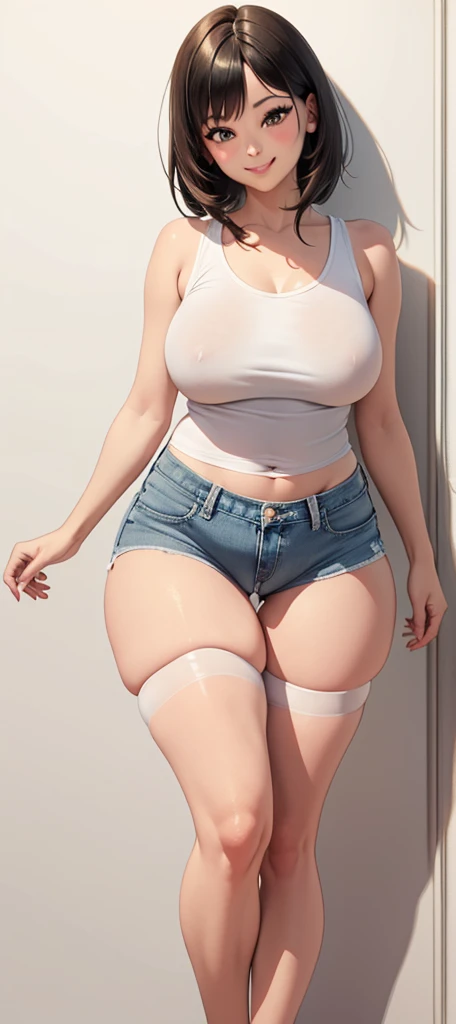 (((Fullbody))), Very Kawaii, smile, lip lips, seductive smile, Solo, Slim, Large Breasts, Plain White T-shirt, Tight Shorts, upshorts, Dynamic Angle, No Background, White Background, looking at viewer, darker shadows, (((absurdres))), (((thigh gap))), (((cameltoe))), (((sleeveless))),