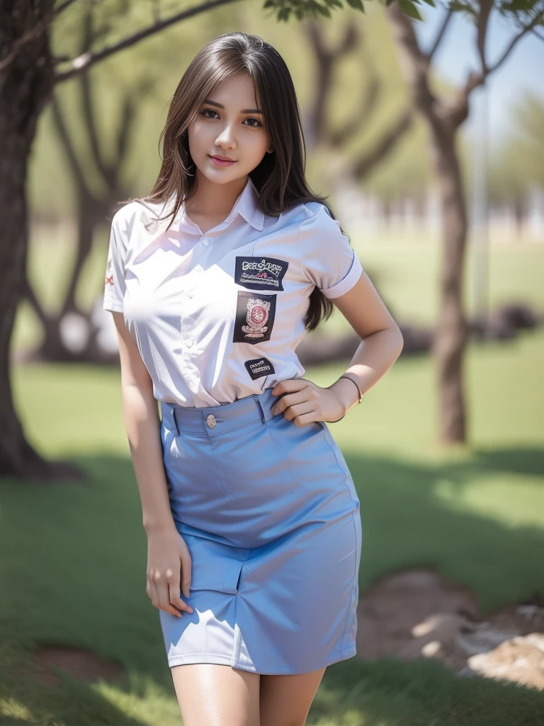 1girl, (uniform), standing, outdoors, detailed face, detailed eyes, thick breasts, shiny skin, tight shirt, grey blue short skirt, looking at the audience, low angle shot,(8k, RAW photo, best quality, masterpiece: 1.2), (realistic, realistic: 1.37), ultra-high resolution