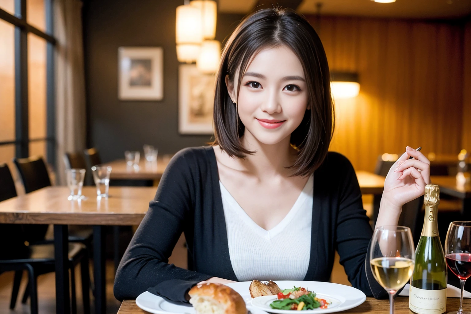 ((Highest quality、8K、masterpiece:1.3))、cute、slimカップル、modelカップル、actress男優、(Realistic, Intricate details:1.2), full-course dinner、Wine Party、Amazing view of the sunset sky and clouds、A bright smile、short hair,Bright Face、 (Age 45), 42 years old, red wine 、Appetizers、Italian food、Wine bottle、Champagne、sparkling wine、Two beauties、Brown Hair、Shortcuts、Long sleeve shirt、dress、Beautiful woman 1, (slimな顔), (The body is slim), (Brown Hair), (Shortcuts), cheeks turn a little red,Attractive beauty、restaurant, In a prominent place (From the waist up) Nova Frog Style, actress, model, Upper Body, White wine, slim, wine glass, 中央に置かれたwine glass, smile, (smile: 1.15), Beautiful fine grain, Depth f/2,saturation, High Contrast, Strong light and shadow,Moist Body:1.5、3D texture、Delicate eyes、Brown Hair、The hair is very shiny、