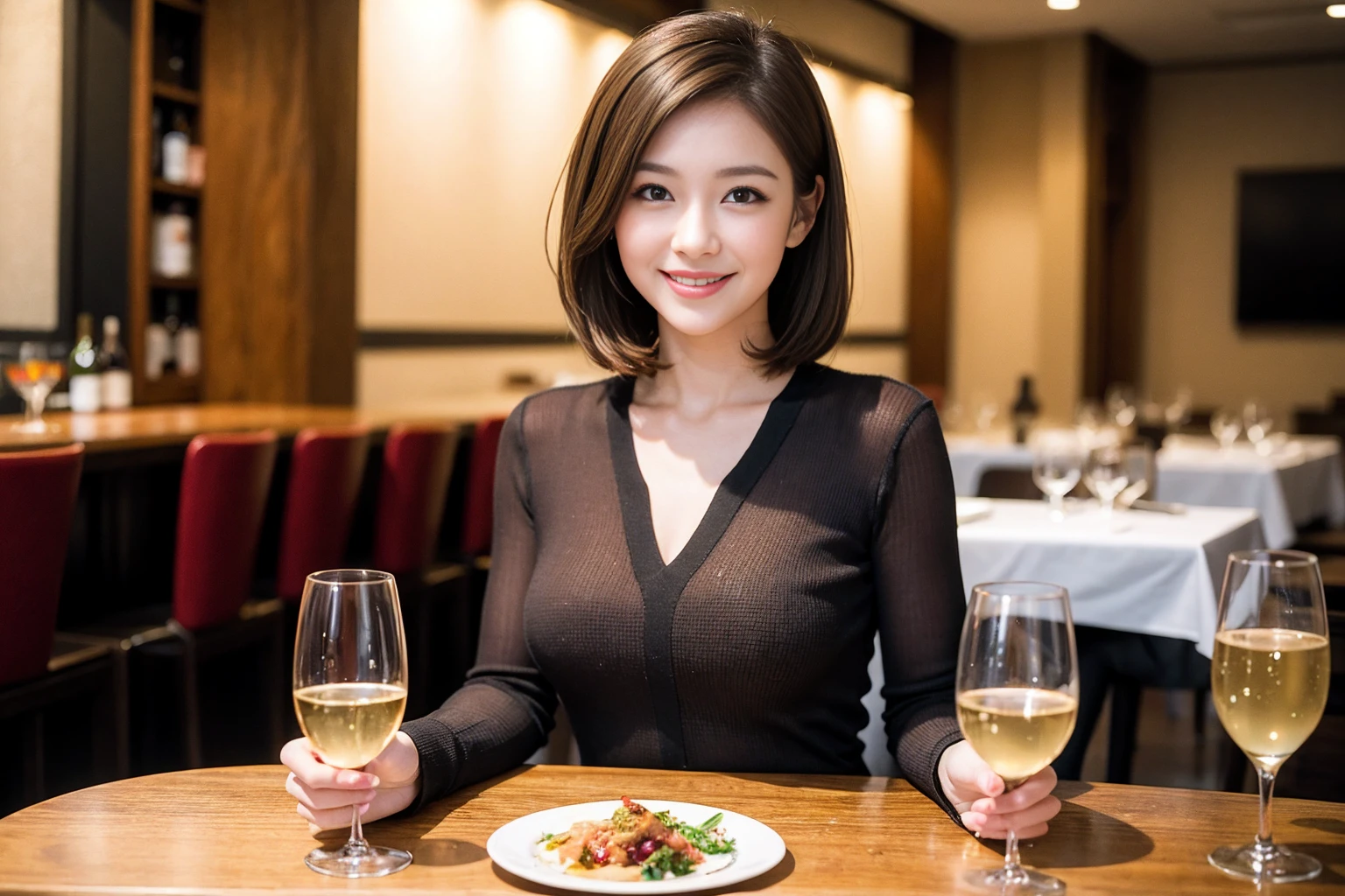 ((Highest quality、8K、masterpiece:1.3))、cute、slimカップル、modelカップル、actress男優、(Realistic, Intricate details:1.2), full-course dinner、Wine Party、Amazing view of the sunset sky and clouds、A bright smile、short hair,Bright Face、 (Age 45), 42 years old, red wine 、Appetizers、Italian food、Wine bottle、Champagne、sparkling wine、Two beauties、Brown Hair、Shortcuts、Long sleeve shirt、dress、Beautiful woman 1, (slimな顔), (The body is slim), (Brown Hair), (Shortcuts), cheeks turn a little red,Attractive beauty、restaurant, In a prominent place (From the waist up) Nova Frog Style, actress, model, Upper Body, White wine, slim, wine glass, 中央に置かれたwine glass, smile, (smile: 1.15), Beautiful fine grain, Depth f/2,saturation, High Contrast, Strong light and shadow,Moist Body:1.5、3D texture、Delicate eyes、Brown Hair、The hair is very shiny、