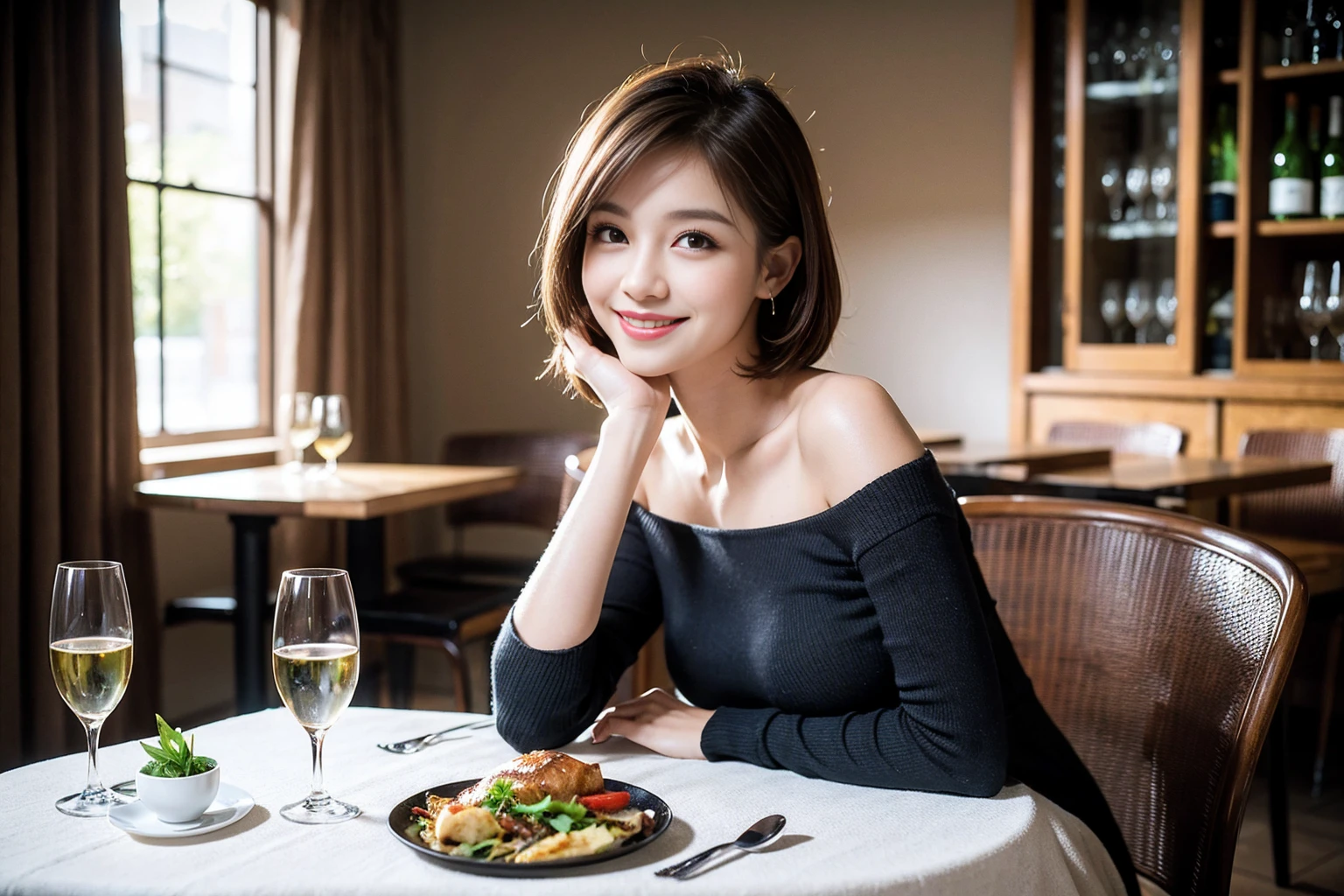 ((Highest quality、8K、masterpiece:1.3))、cute、slimカップル、modelカップル、actress男優、(Realistic, Intricate details:1.2), full-course dinner、Wine Party、Amazing view of the sunset sky and clouds、A bright smile、short hair,Bright Face、 (Age 45), 42 years old, red wine 、Appetizers、Italian food、Wine bottle、Champagne、sparkling wine、Two beauties、Brown Hair、Shortcuts、Long sleeve shirt、dress、Beautiful woman 1, (slimな顔), (The body is slim), (Brown Hair), (Shortcuts), cheeks turn a little red,Attractive beauty、restaurant, In a prominent place (From the waist up) Nova Frog Style, actress, model, Upper Body, White wine, slim, wine glass, 中央に置かれたwine glass, smile, (smile: 1.15), Beautiful fine grain, Depth f/2,saturation, High Contrast, Strong light and shadow,Moist Body:1.5、3D texture、Delicate eyes、Brown Hair、The hair is very shiny、