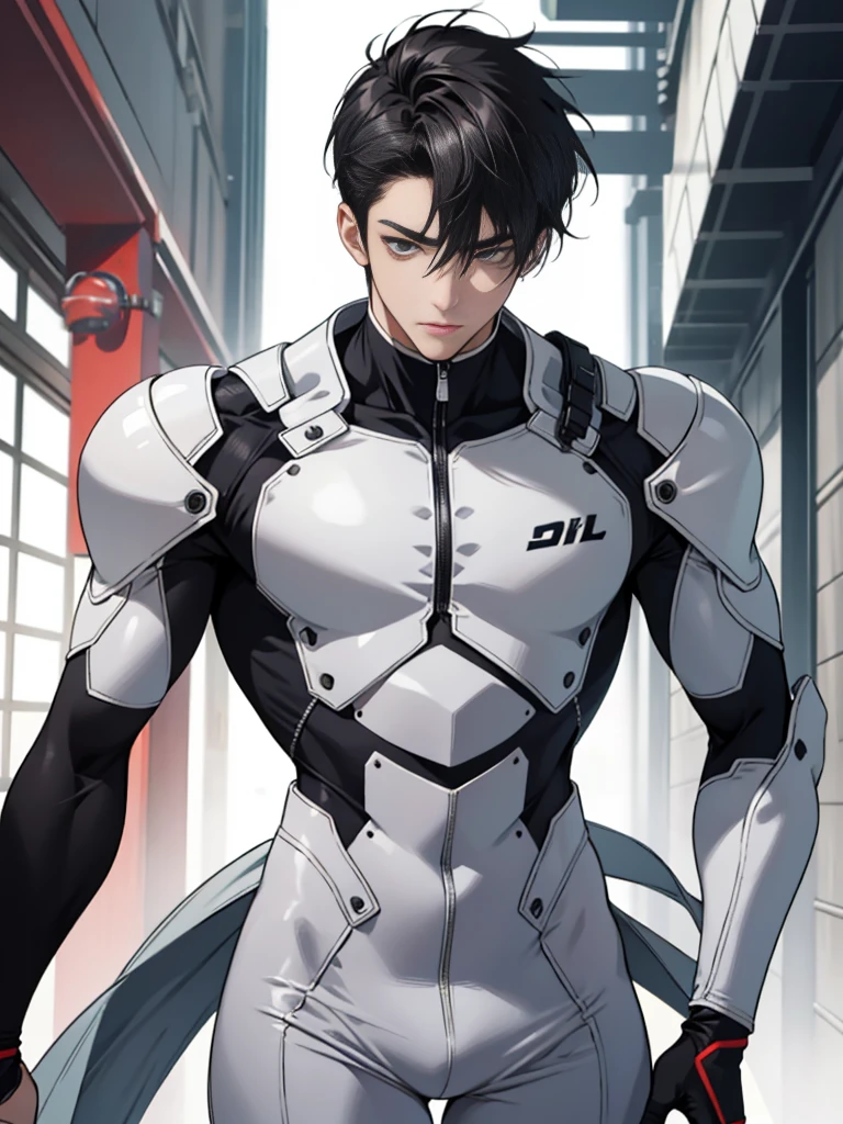 Japanese Male Model Cool 25 year old Short black hair slim and muscular intense Bright screen Close-up image Very tight white rubber suit Hero whole body, sexy