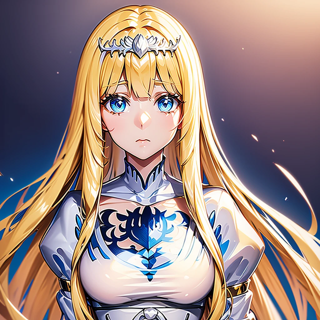 anime,  beautiful, half body potrait,  1girl,solo, calca, blonde hair, ,( extremely long hair), very long hair, extra long hair, white tiara, white dress, blue eyes,Calca Bessarez, medium breast,Calca, (upper body:1.2),