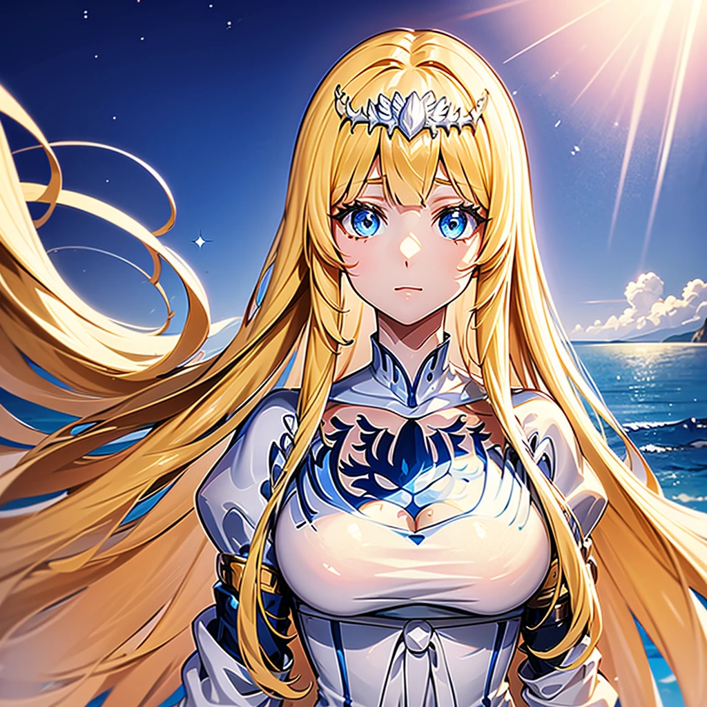 anime, beautiful, half body potrait, 1girl,solo, calca, blonde hair, ,( extremely long hair), very long hair, extra long hair, white tiara, white dress, blue eyes,Calca Bessarez, medium breast,Calca, (upper body:1.2),