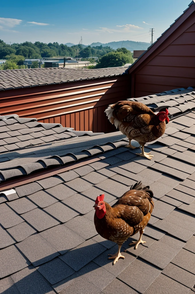 A hen is standing on the roof
