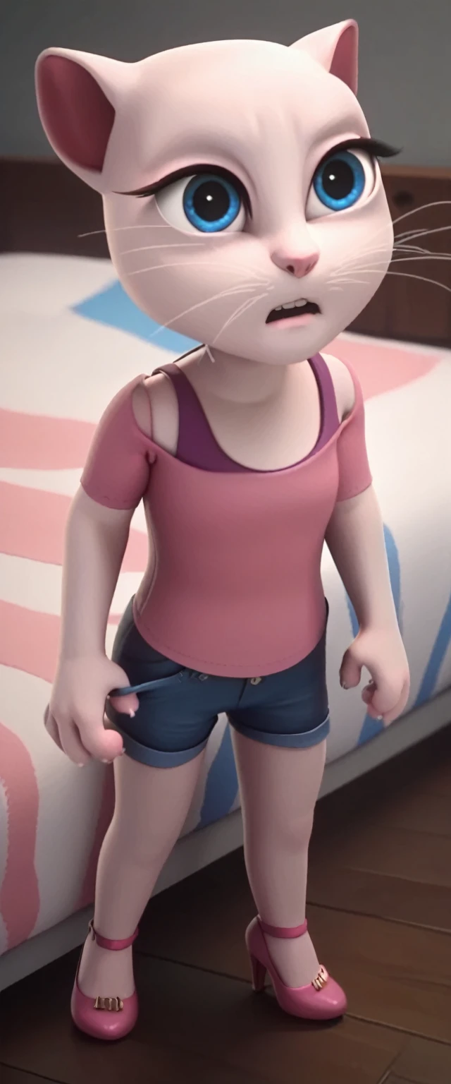 solo focus, a_la, 1girl, cat, white fur, long whiskers on both sides of the face, big bright blue eyes, big black eyelashes, pink nose, triangular ears with pink channels, high heels.short jeans pulled down. 1 girl and 1 boy human. Woman in bed During G-Whiz, the woman lies on her back.
lies down and spreads her legs over her partner who is on his knees
put it on your shoulders.anal sex