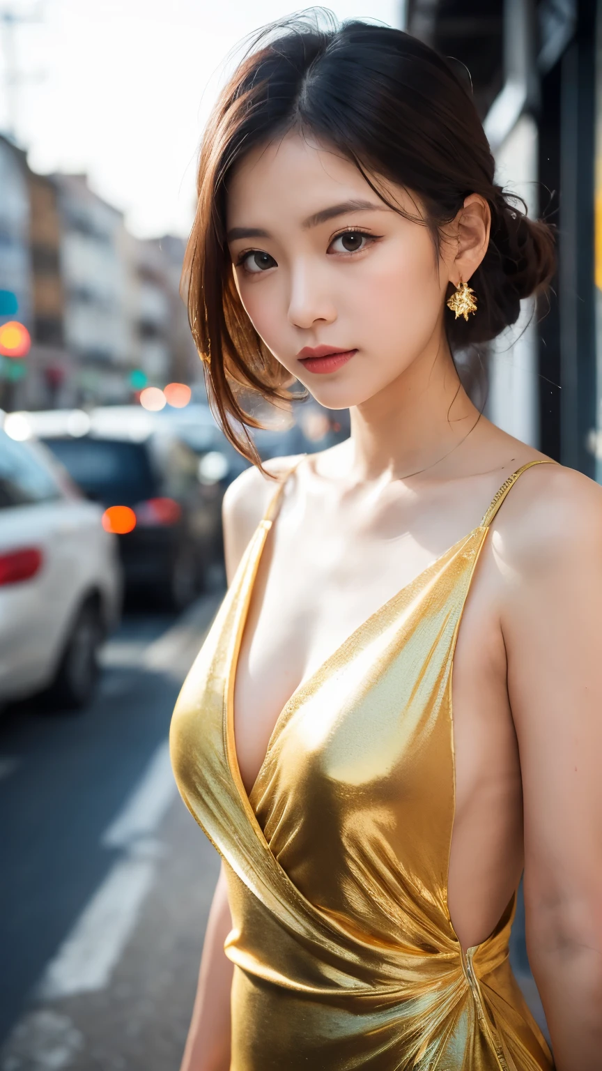 (masterpiece:1.5)、(Realistic:1.5)、(Highest quality:1.4、8K、RAW Photos)、 Ultra-high resolution、Professional Lighting、Perfect dynamic composition、Outdoor shots、 Film Grain、chromatic aberration、(Bokeh:1.1)、 Frank、Sophisticated、charm、Surreal、High detail、Golden Ratio、 (1 Girl)、Slender girl、繊細でcharm女の子、Cute Woman:1.4、 Serious expression、Looking at the audience、Various poses、 Light brown hair、Shiny Hair、Hairstyle: ponytail、 Realistic looking skin、 shut up.、Beautiful Eyes、double eyelid、Thin arms、、 (Majestic style, Sophisticated and elegant, Sacred and Mystical:1.2),(Wearing a tight long dress with a slit:1.2), (Mr..々One shot),